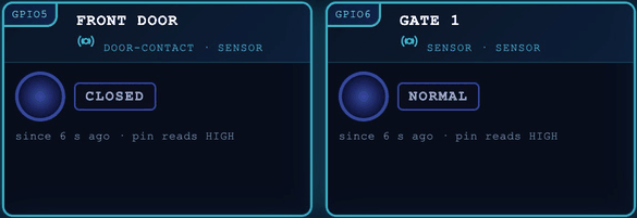 Two AUX I/O input cards: a front door contact reading CLOSED and a gate input reading NORMAL, each showing how long it has been in that state.
