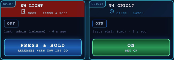 Two AUX I/O output cards: a door output in press-and-hold mode whose button reads Press and hold, releases when you let go, and a latching output switched on, each showing who operated it last.