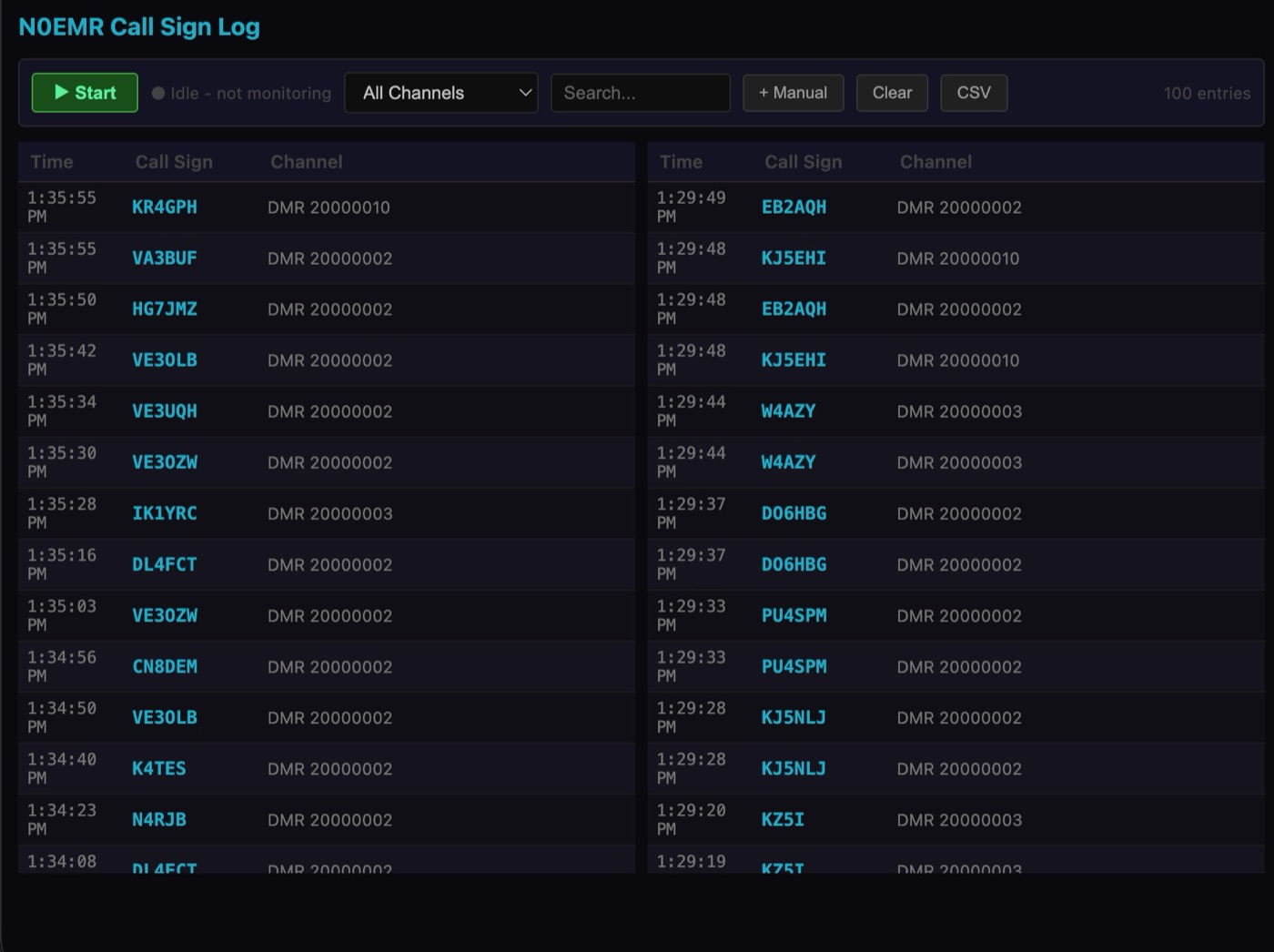 The N0EMR call sign log: a running list of stations heard, each row showing the time, the operator's call sign and the channel or DMR talkgroup, with search, manual entry, clear and CSV export controls.