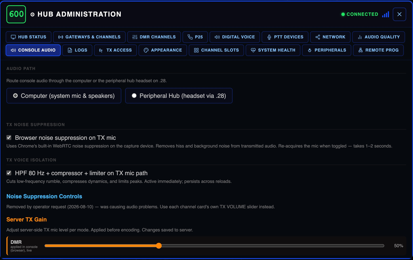 The console audio admin: choose the audio path (computer or peripheral hub), toggle noise suppression and voice isolation, and set per-mode TX gain.