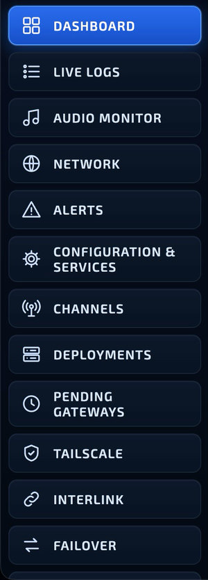 The CORE admin menu: Dashboard, Live Logs, Audio Monitor, Network, Alerts, Configuration and Services, Channels, Deployments, Pending Gateways and more.