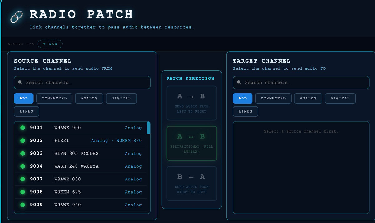 The Radio Patch window: a source channel list with search and All, Connected, Analog, Digital and Lines filters, three patch-direction tiles (A to B, A and B both ways, B to A), and a target channel list.