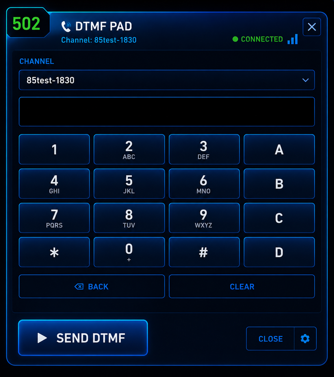 The console DTMF pad: a keypad with digits, star, hash and A-D tones, a channel selector and a Send DTMF button.