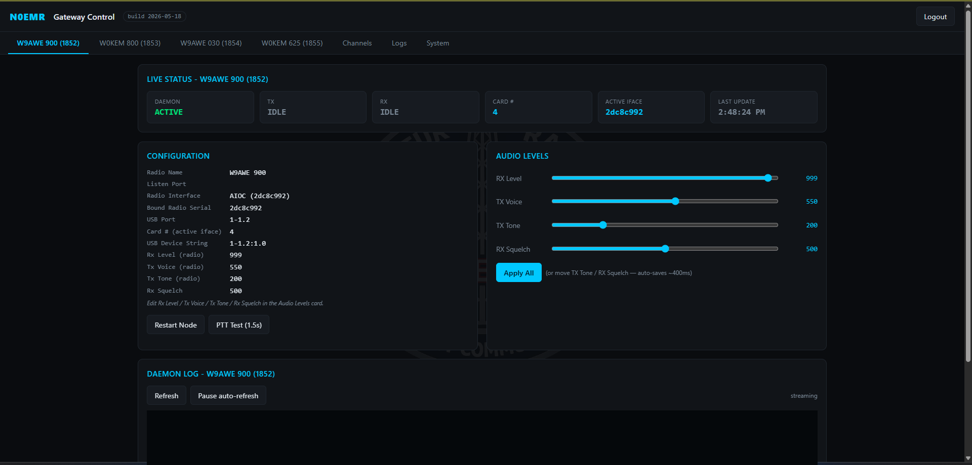 Gateway control screen showing live status, the radio's configuration, and audio level sliders for receive level, transmit voice, transmit tone and squelch.