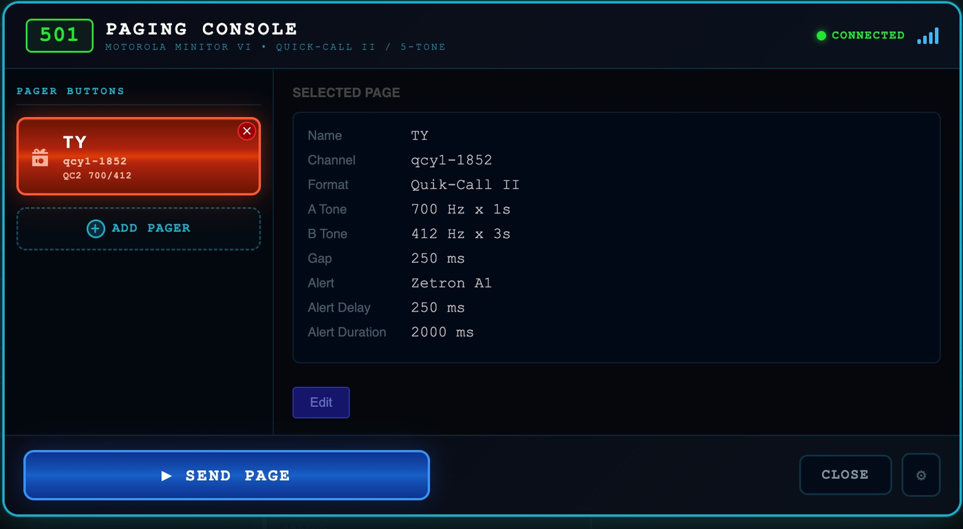 The paging console: pager buttons and a selected page showing tone format, A and B tones, gap, and alert timing, with a Send Page button.