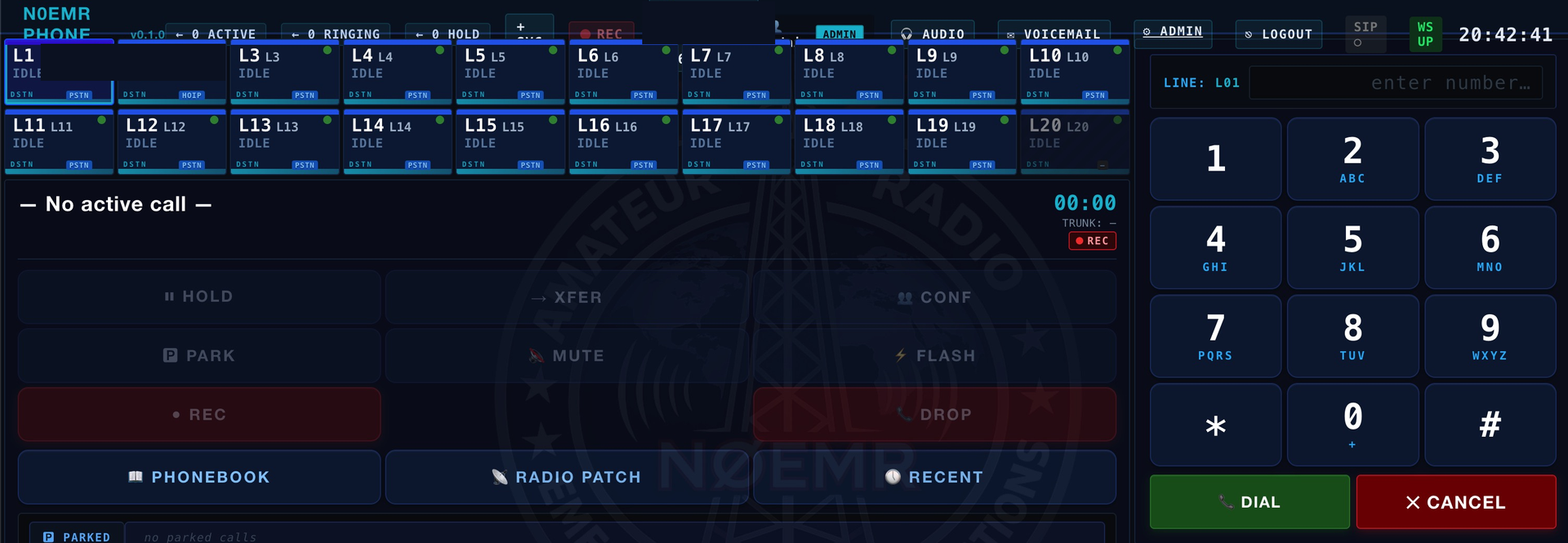 The N0EMR phone console: twenty telephone lines with a dial pad, hold, transfer, conference, park, radio-patch and recording controls, worked from the same position as the radios.