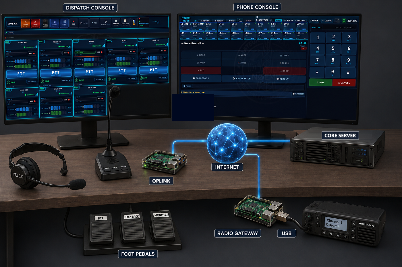 How N0EMR Dispatch connects: consoles, headset, mic and foot pedals at the desk, an OPLINK operator gateway, the CORE server, and a remote radio gateway keying a Motorola radio, over the internet.